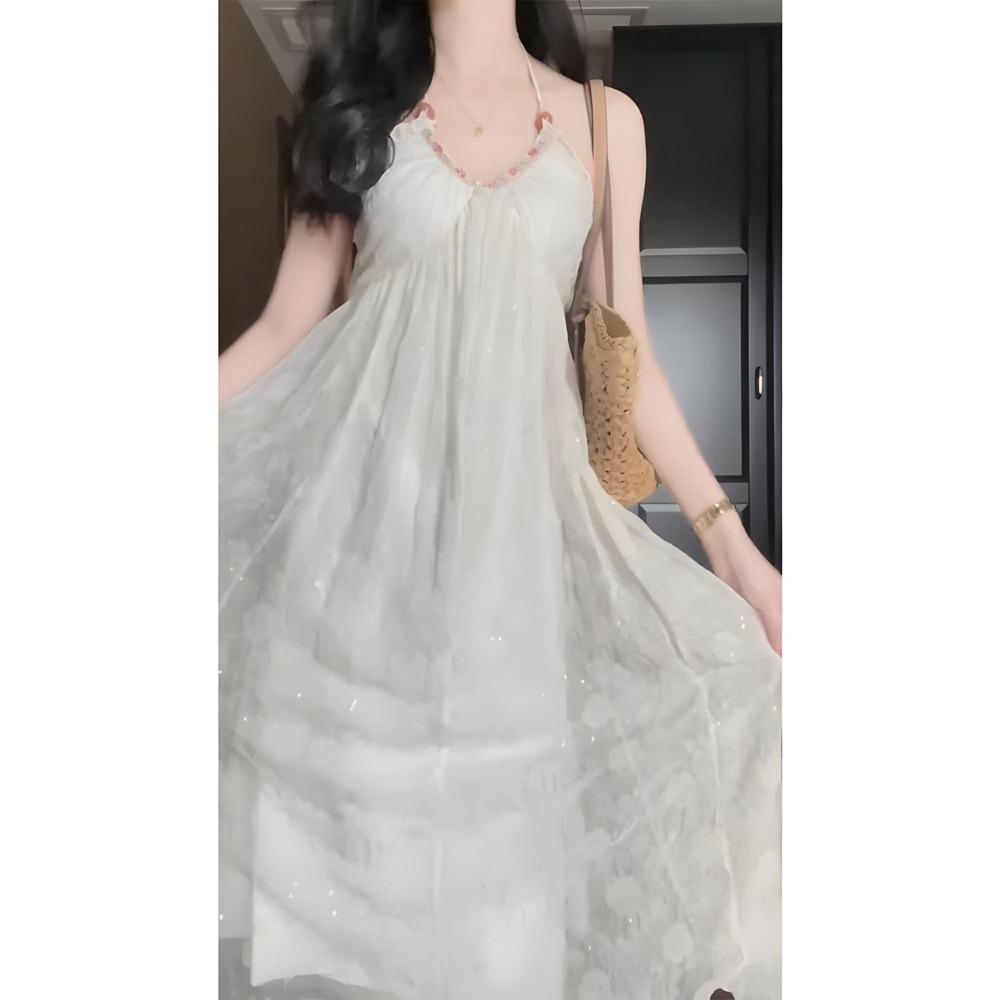 On the Run Princess Dress Luoyue Flower God Solid Color Big Halter Neck Suspender Dress Women's Casual Strap Long Dress