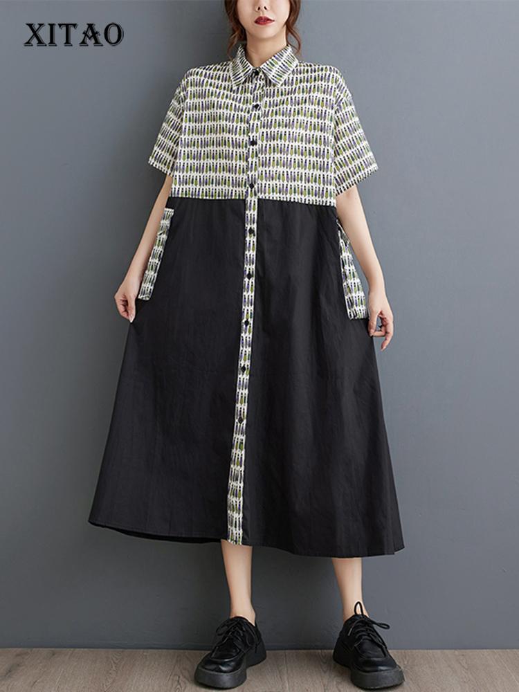 

XITAO Vintage Short Sleeve Patchwork Shirt Dress Loose Casual Fashion Single Breasted 2024 Summer Women New Dress HQQ2388