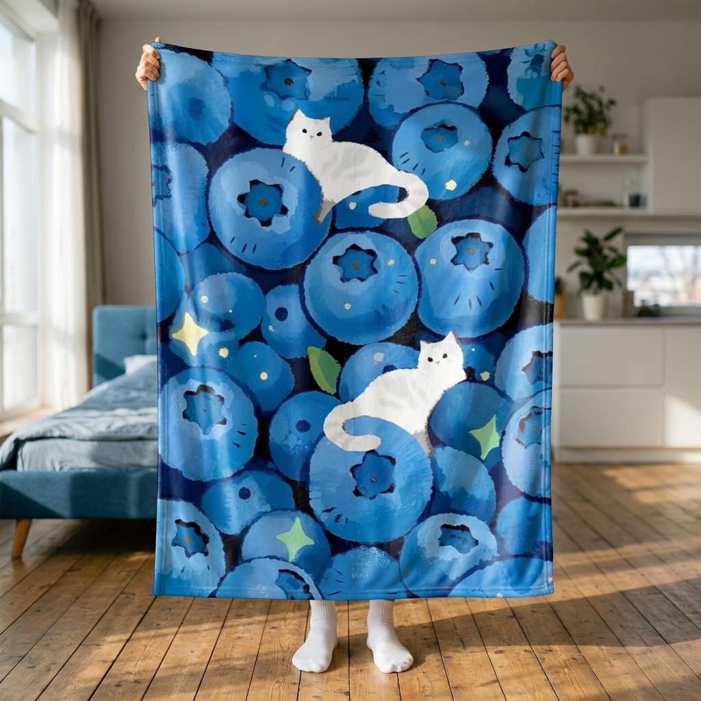 Blueberry Cat Blanket, Cute Kitten Fleece Throw, Fruit Pattern Blanket, White Cat Fan Gift, Kawaii Bedroom Decor, Cat Lover Cozy Throw