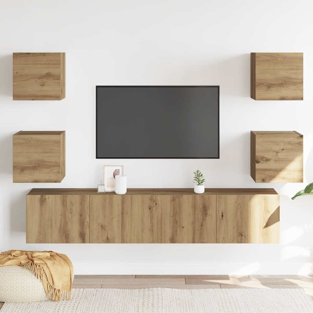 Wall Mounted TV Cabinets Set of 6 Artisan Oak Wood Based Material