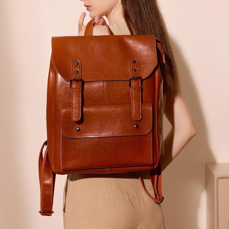 Leather Backpack Women's Wear-resistant Cowhide Computer Backpack College Style Inch Large Capacity British Retro Neutral Full Leather
