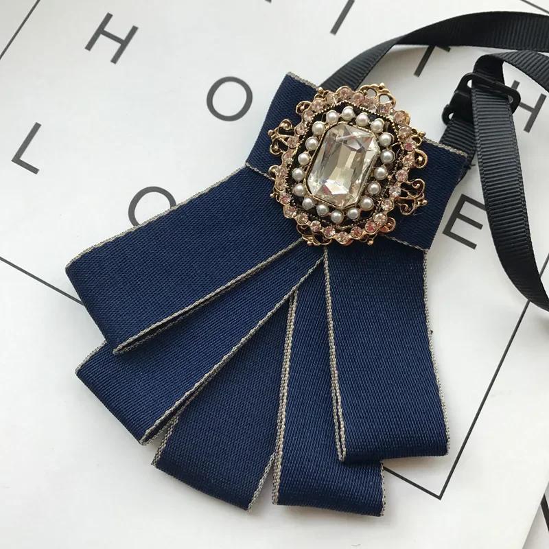 

Korean Vintage Rhinestone Fabric art Bow Neck Tie for Women s Tops and Blouses Crystal Shirt Collar Accessories for women синій