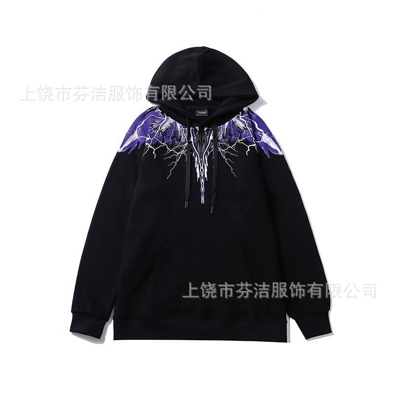 American street lightning wing print jacket men's and women's autumn and winter black loose shoulder heavy trendy hooded top