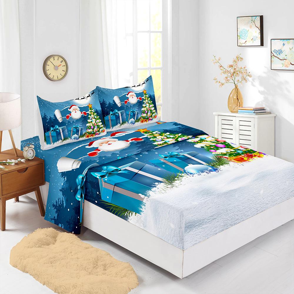 Four-Piece Mattress Set Christmas Bedding 3D Digital Printing Kit Mattress Protective Cover