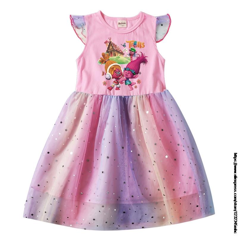 Children Cosplay Costume Trolls 2 Birthday Party Tutu Dress for Girls Sequin Top Pastel Clothing Kids Pink Vestidos 2 To 10 Year