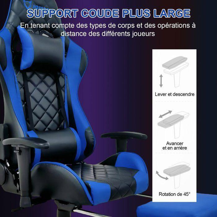 FOXSPORT-Fauteuil de bureau - Gamer - Réglable - Repose-pieds - Coussin de tête - Coussin lombaire - Bleu