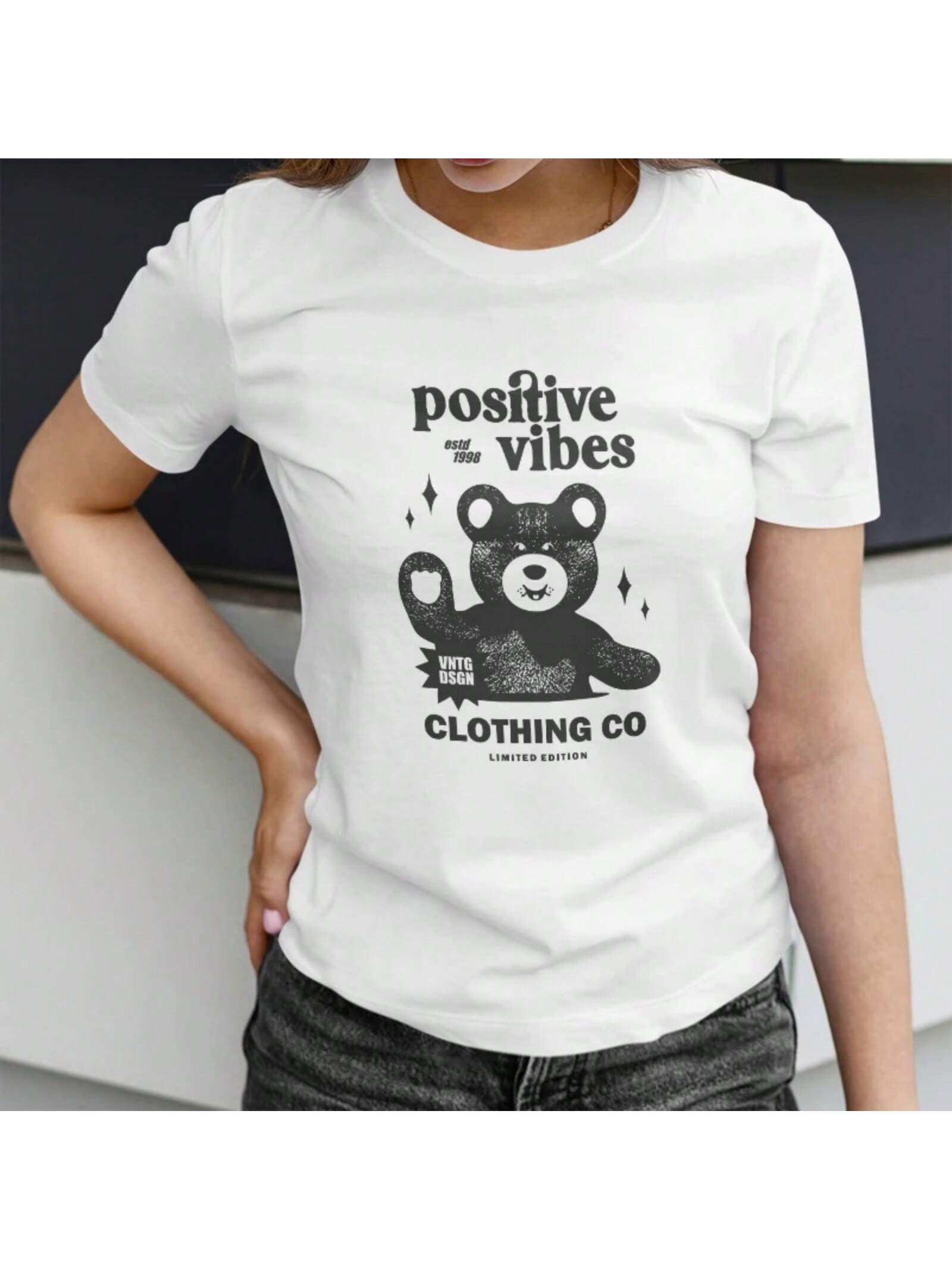 Wounisex s Summer Short Sleeve T-Shirt With Retro Style Positive Vibes Bear Print S разноцветный