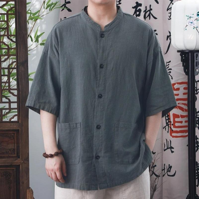 

Men s Summer Cotton and Linen Short-sleeved Shirt Casual Simple Loose All-match Chinese Retro Stand-up Collar Men s Top S сірий
