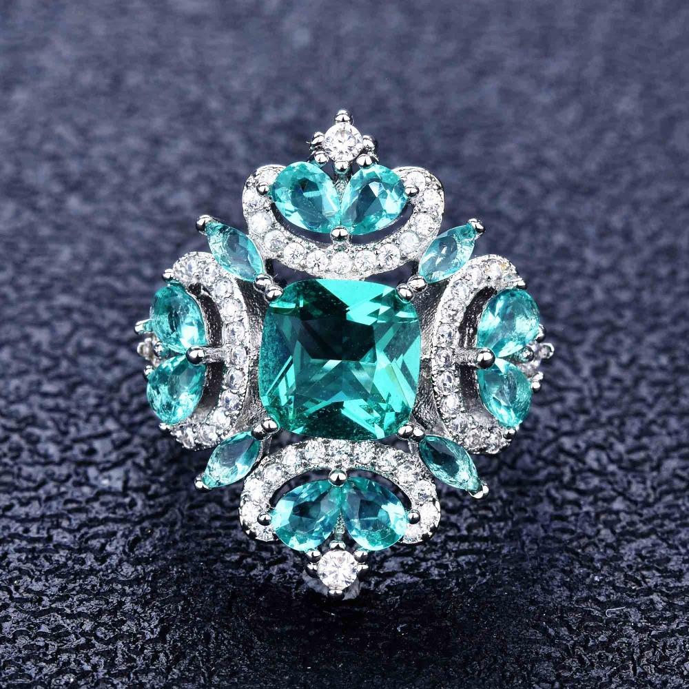 Open Ring Full Micro Pave Simulated Paraiba Green Diamond Ring Women Jewelry adjustable