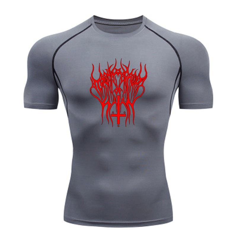 Men's Quick Dry Compression Fitness T-shirt, Satanic Red Thorn Print Inverted Cross Casual Athletic Tee for Gym Workout Running Training Wear