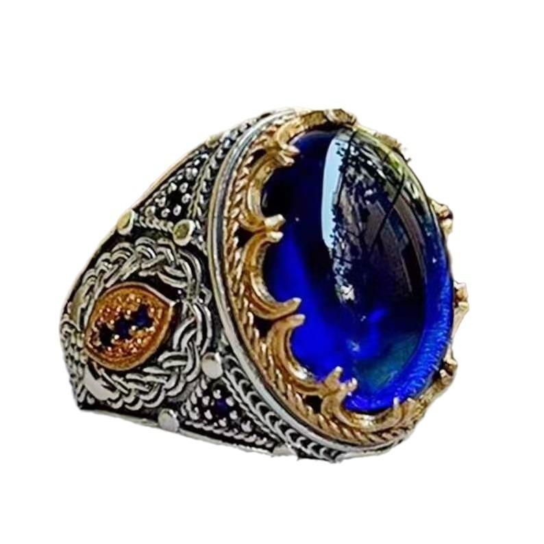Fashion and popular exquisite craftsman zircon blue Zircon engraving, high-end retro men's ring Zircon