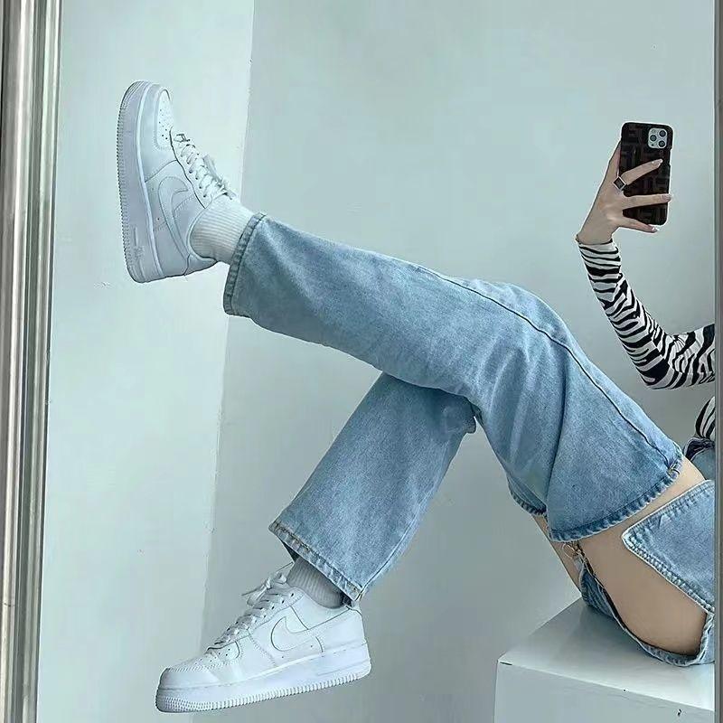 High Waist Ripped Denim Jeans for Women Summer Thin Removable Two Piece Design Straight Leg Trendy Pants