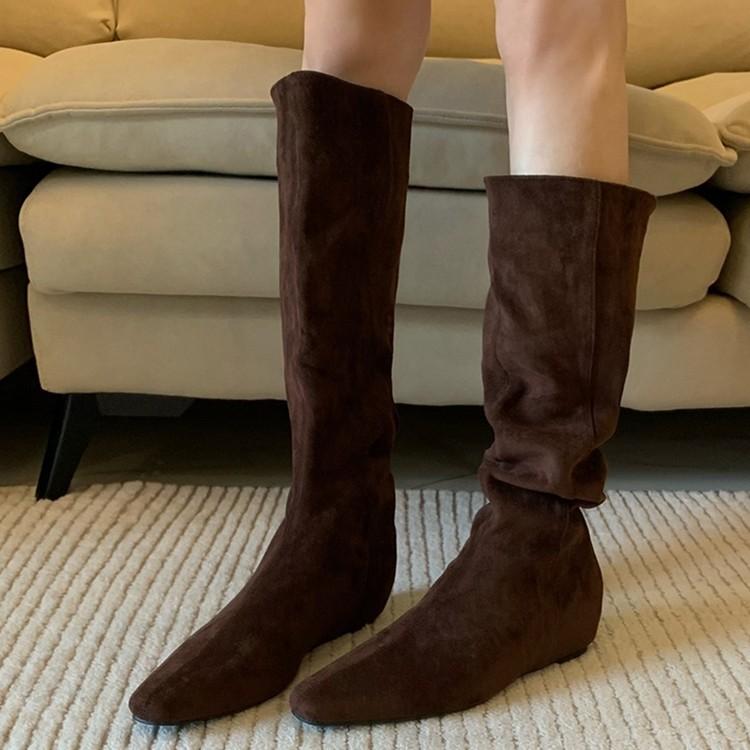 Blue cabinet version! Autumn and winter western cowboy boots women's retro niche large tube circumference thin inner height increasing pleated