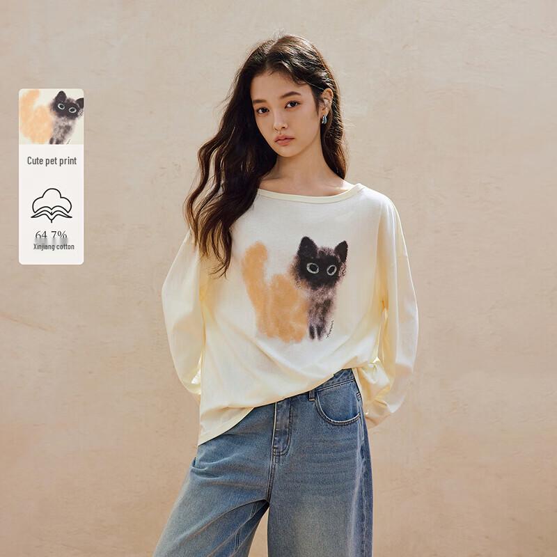 INMAN Women s Off-Shoulder Cute Pet Print Long-Sleeve T-Shirt L