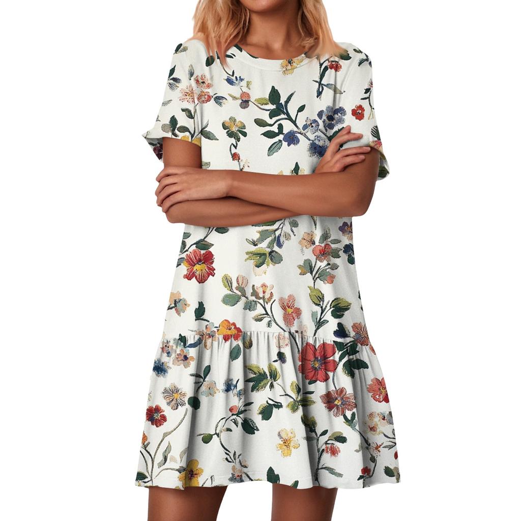 Women's Fashion Casual Round Neck Short Sleeve Ruffled Vintage Printed Dresses