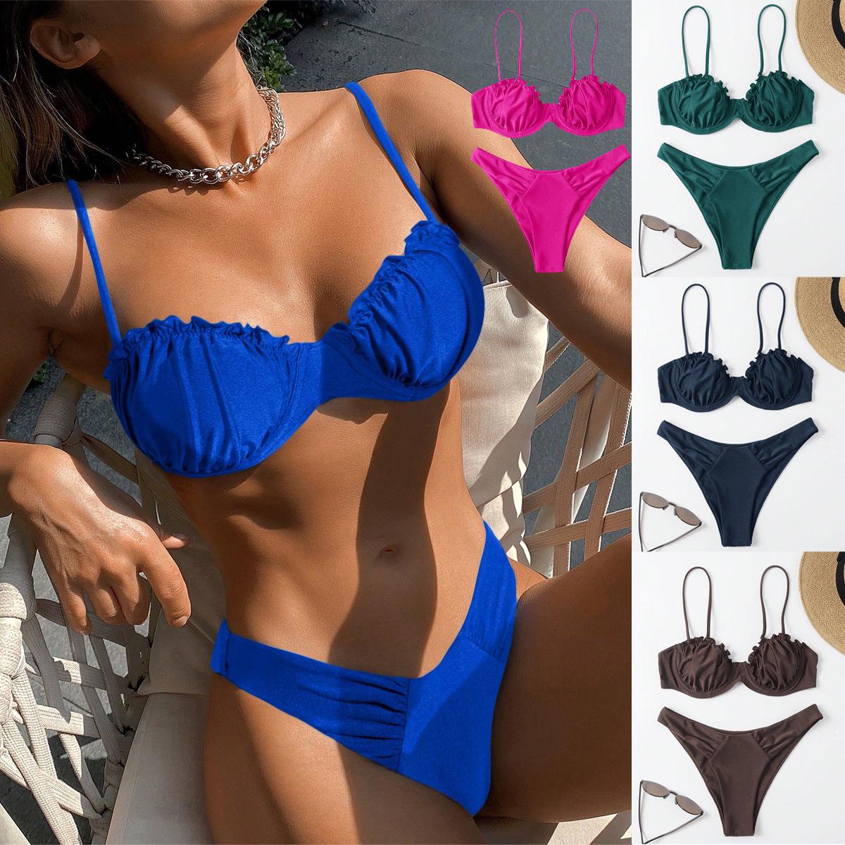 

2025 European & American Underwire Bikini: Solid Color, Sexy Lace Ruffle Design L