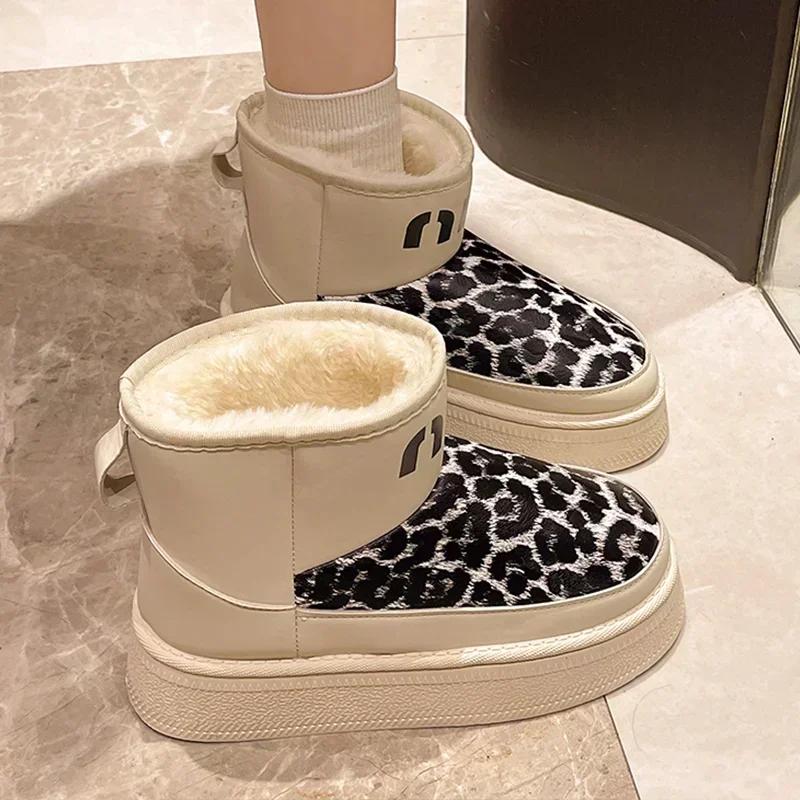 Fashion Leopard Women Fur Snow Boots Ankle Flats Platform Shoes 2025 Winter Short Plush Warm Women Boots Sport Shoes Botas Chelsea Mujer
