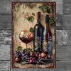 2D Flat - Vintage Metal Sign Plaque | Iron Painting with Wine Bottle, Glass, Grapes and Green Leaves Elements | 20*30cm/8*12inch