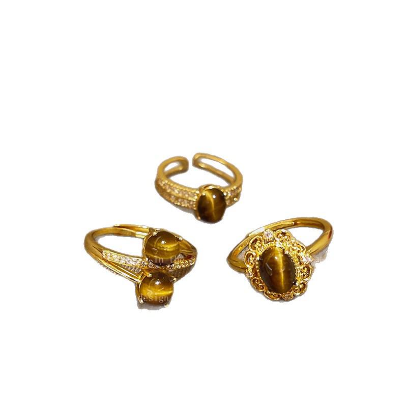 18k Gold Plated Tiger Eye Zircon Coffee Ring - High-End Niche Style Jewelry for Women