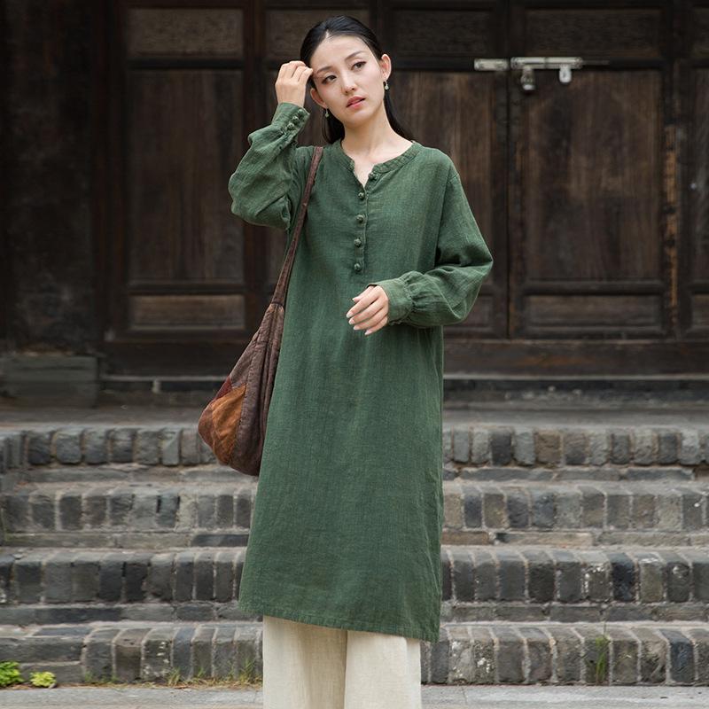 

Johnature Women Vintage Dresses Stand Long Sleeve Button Autumn A-Line Chinese Style Dress One Size зелёный