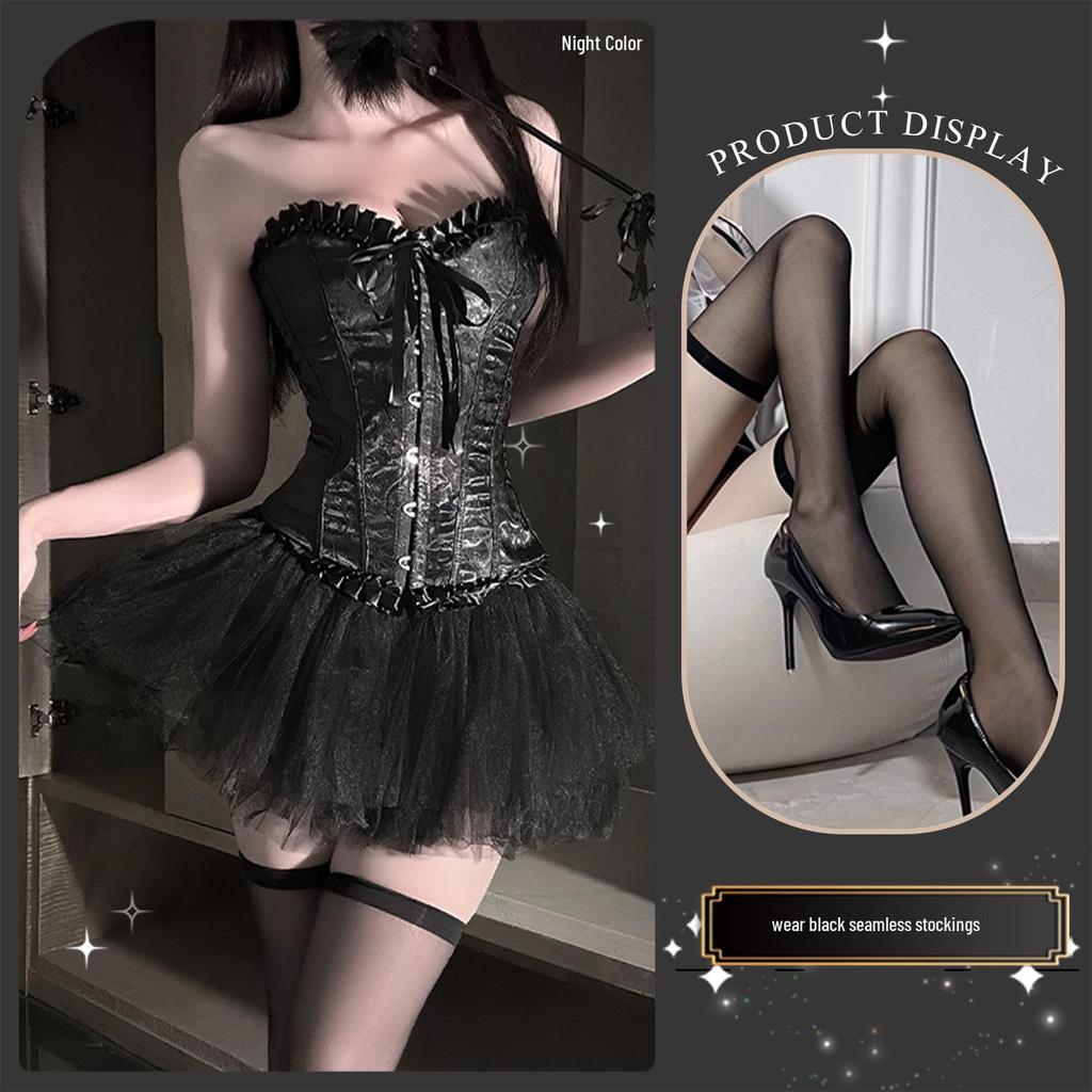 Golden Night Fairy Lingerie: Sexy Transparent Strapless Bustier with Slimming Lace-up Corset and Puffy Skirt