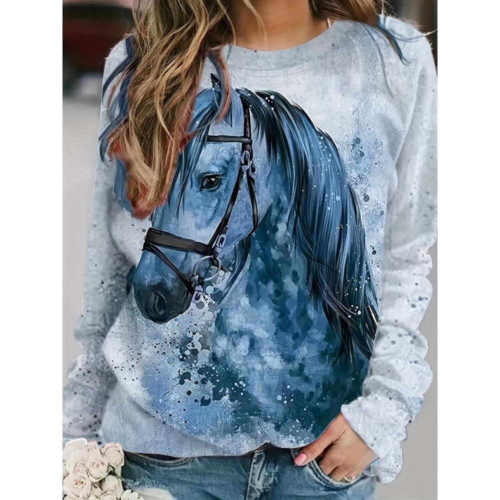 Fashion Women's Sweatshirt Horse Graphic Print Sweatshirt Casual Long Sleeve Crew Neck Pullover Clothing