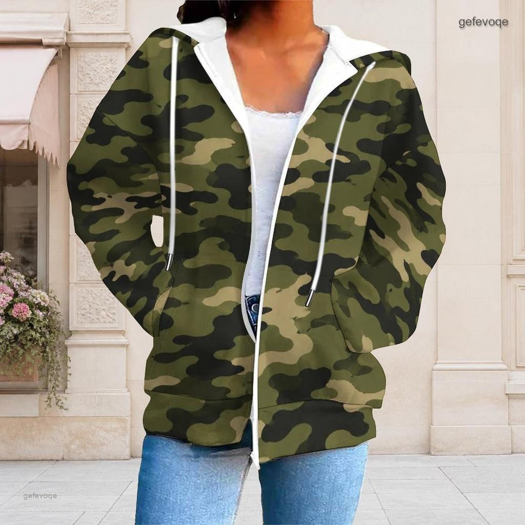 Damen Plus Size Camouflage Print Reißverschluss Langarm Kapuzenpullover mit Kordelzug und Taschen