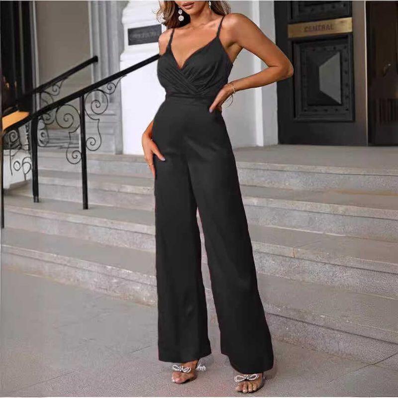 

V-neck Wide-Leg Jumpsuit High Waist Sexy Sling High Temperament V-neck Wide Leg Jumpsuit Women Black L