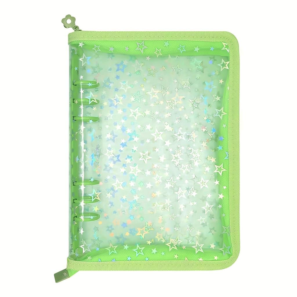 Sticker Storage Organizer Binder A5 Sticker Collecting Book Reusable Zipper Album with Clear Laser Star Cover and Pocket Pages