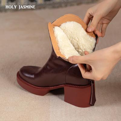 2024 Winter New Women Boots Women Shoes Round Toe Square Heel Real Wool Thick Heel Short Boots Solid Color Womens Platform Heels