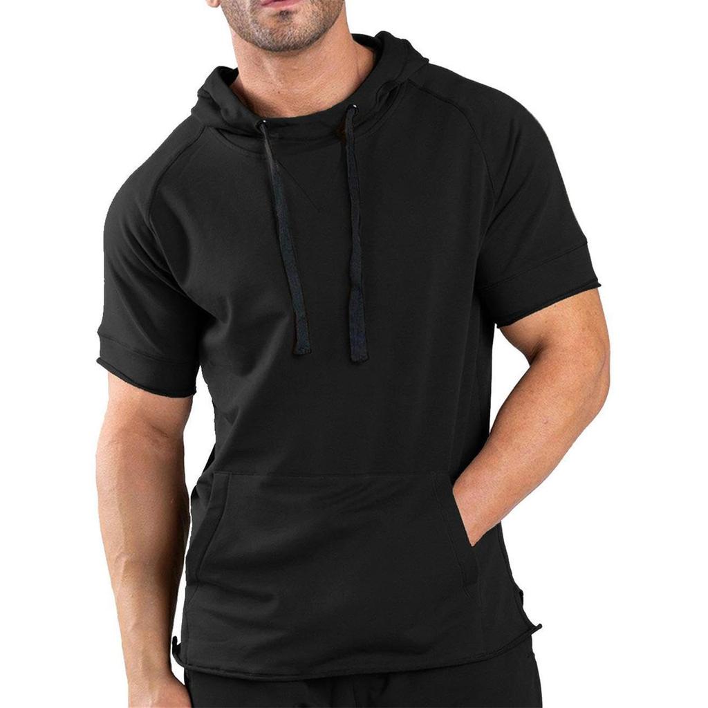 Men's Loose Fitting Pocket Casual Sports Hooded Short Sleeved T-Shirt