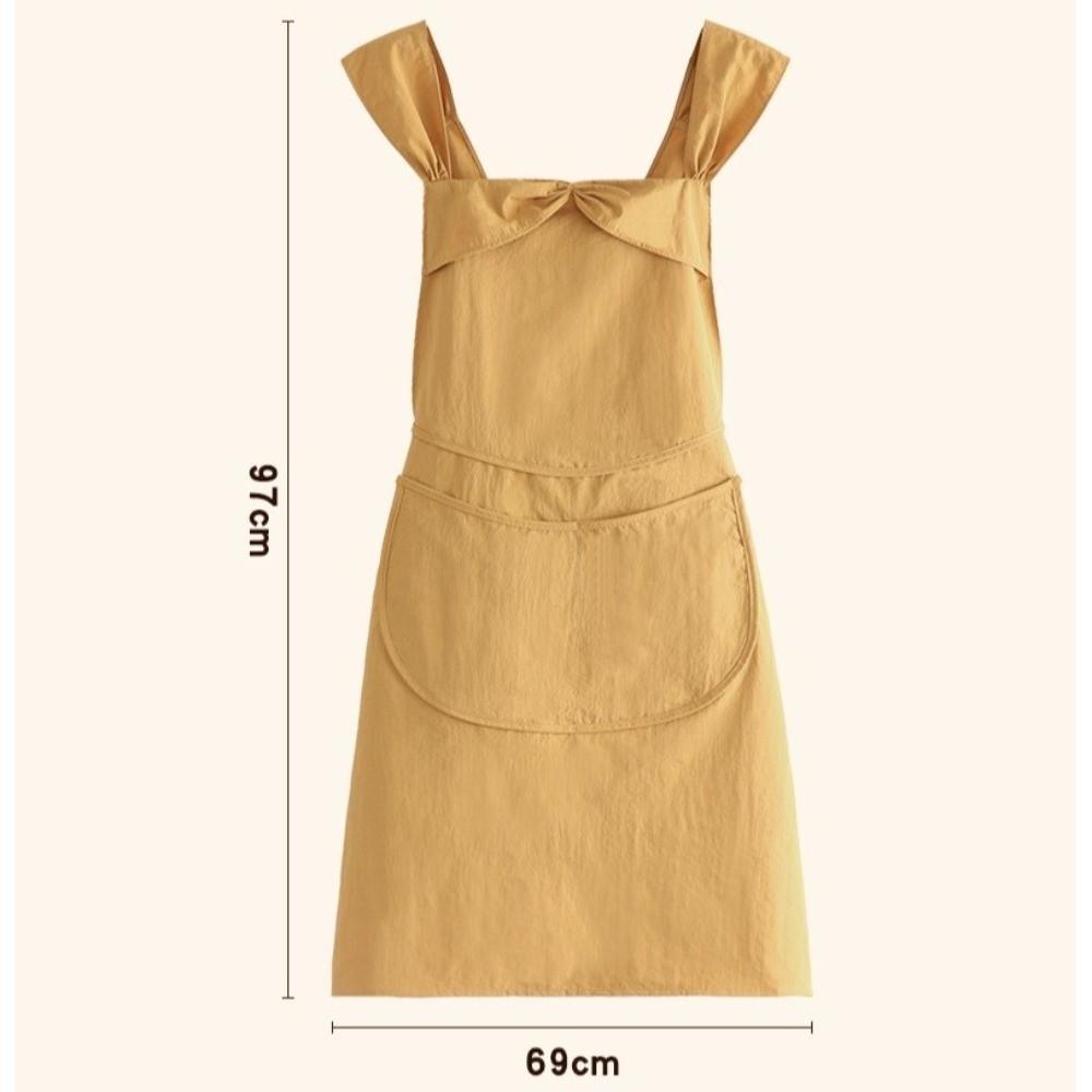 Solid Color Women Apron Large Pockets Adjustable Bow Strap Kitchen Apron Long Length Anti-Stain Anti-Stain Apron For Cooking