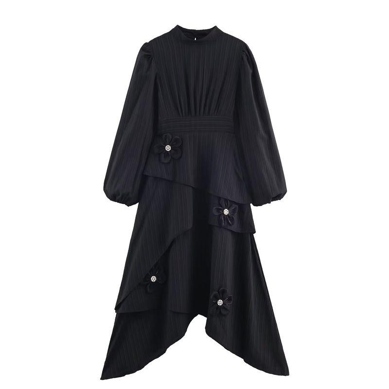 

Za Autumn New Women clothes 2025 Western Style Versitile Fashion Simple Irregular Flower Decoration Dress Black S