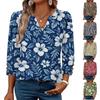 Women V Neck Loose Fit Casual Blouse 3/4 Sleeve Floral Print Button Detail Lightweight Top for Daily Wear
