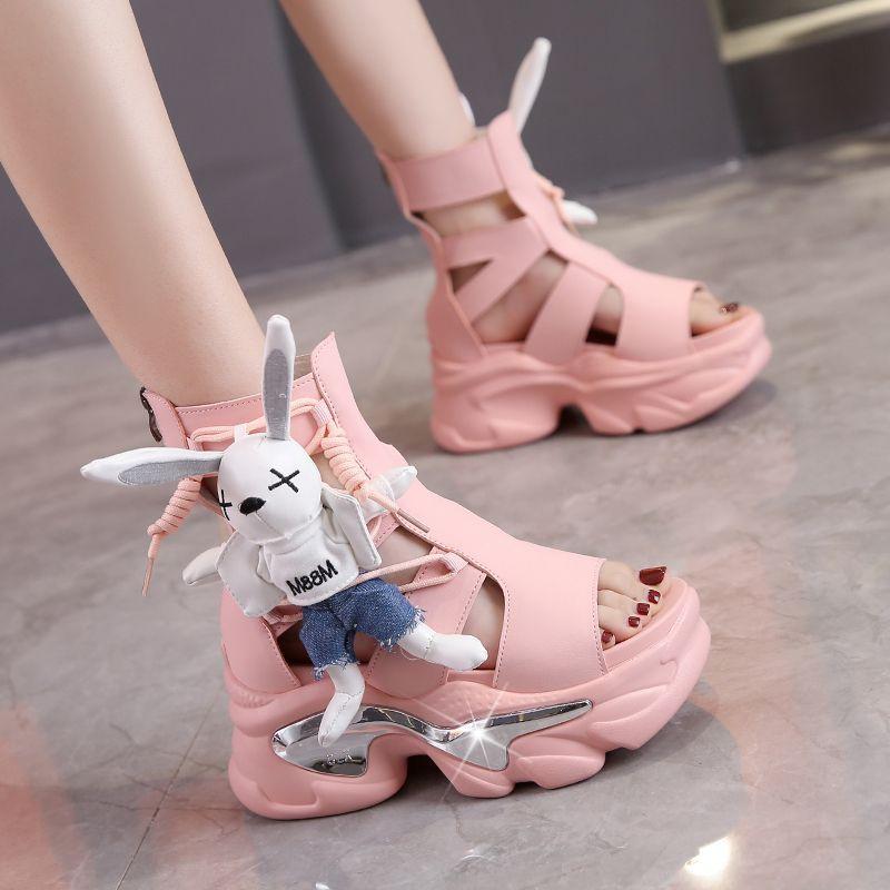 

Туфли Little Rabbit Dad, женские, летние, с наклонным каблуком «рыбий рот», толстая подошва, увеличивающая рост, повседневные спортивные, полые римские сандалии 39 розовый