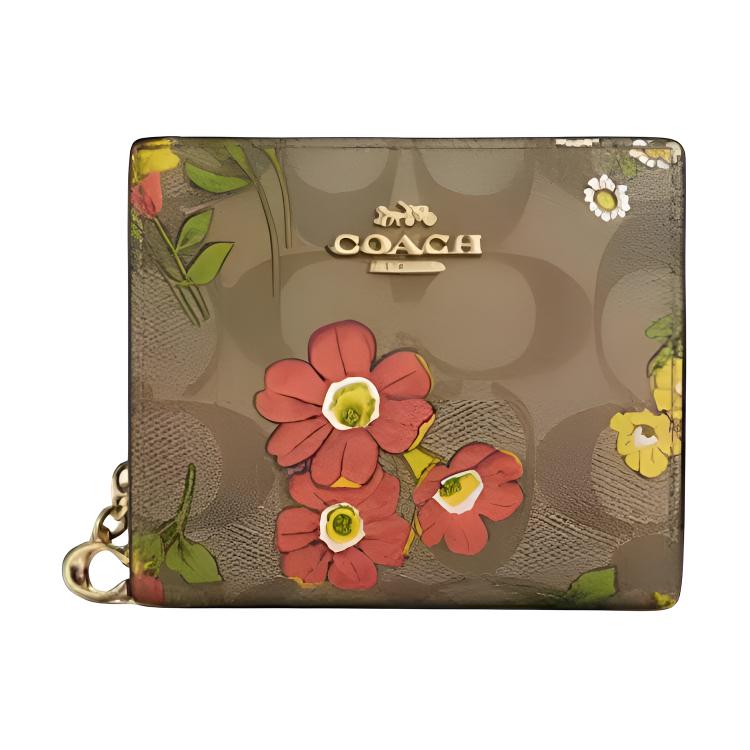 Coach Snap Wallet 11 Floral Print Design Logo Snap Closure Signature Coated Canvas Smooth Leather Card Holder Women Wallets CR939-IME7V Gold & Khaki & Multicolor
