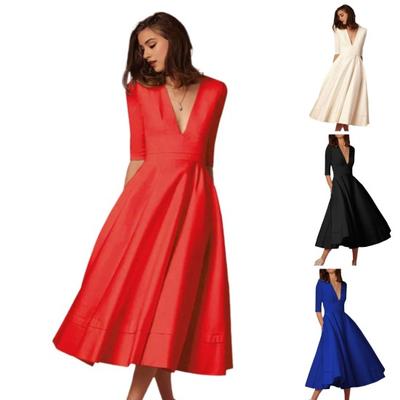 Women Midi Dress Deep V Neck A-line Flowy Hem Solid Color Half Sleeves Pure Color Dating Dress Prom Party Banquet Evening Dress