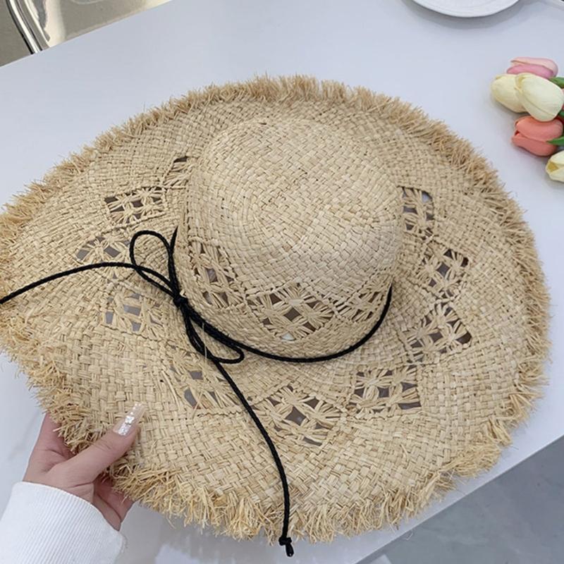 Elegant Raffia Sun Hat With Wide Brimmed And Breathable Openwork Design For Beach Vacation And Outdoor Activities