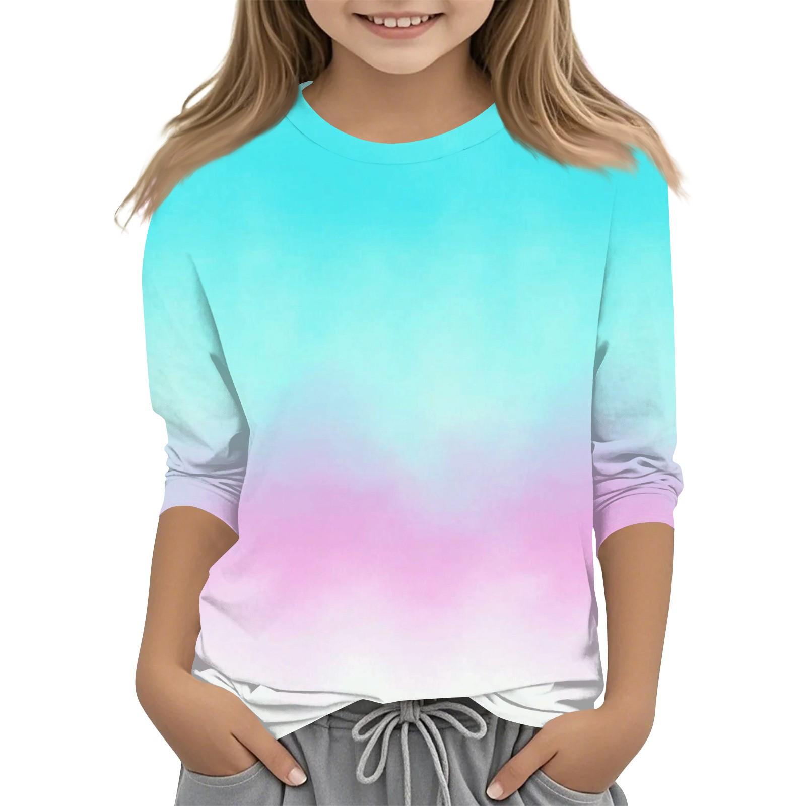 

Children s 3/4 Sleeves Printed O-neck Top Everyday Casual T-shirt 110 ціан