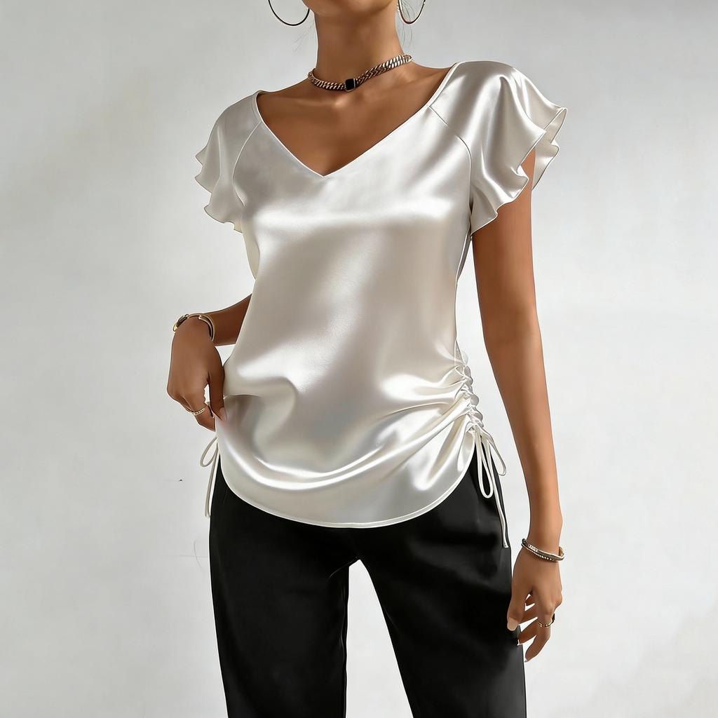 Modische neue Satinbluse für Damen mit Rüschenmanschetten, Kordelzug und Falten, V-Ausschnitt, formelles und lässiges Oberteil