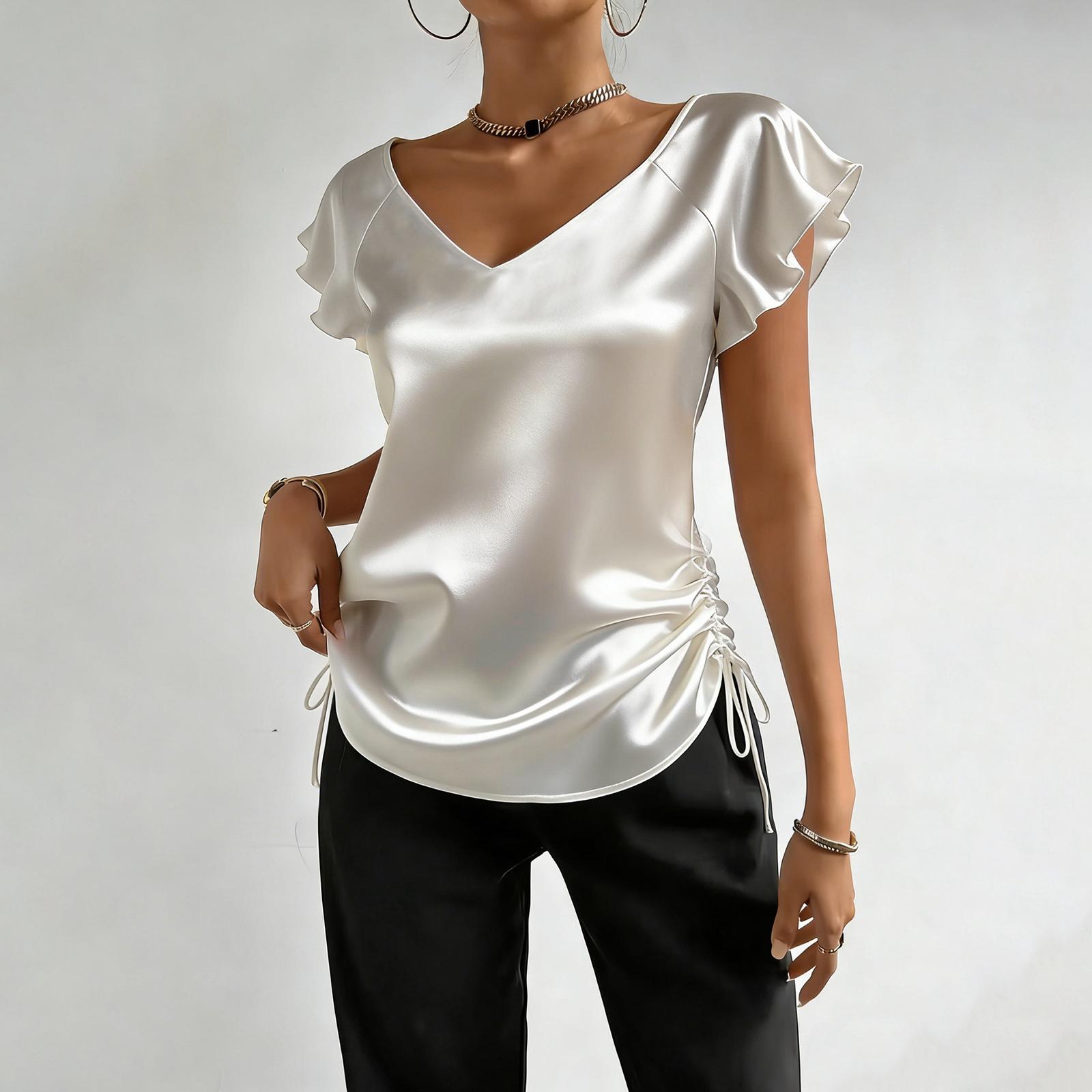 

Women s Fashionable New Satin Ruffled Cuff Blouse With Drawstring And Pleats, V-Neck Formal Casual Top XL білий