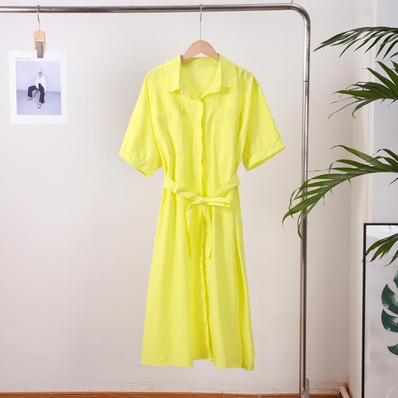 Casual Women's Lace Up Dress Single-Breasted Turn-Down Collar Short Sleeve Lady Dresses Loose Female Robe