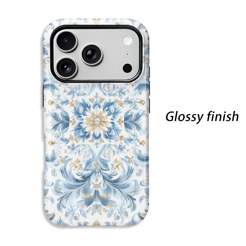 Refined Blue Gold Ornate Baroque Floral Pattern Graphic Art Film Aesthetic Protective Shockproof Bumper Case Cover For iPhone 13 14 15 16 Pro Max Plus