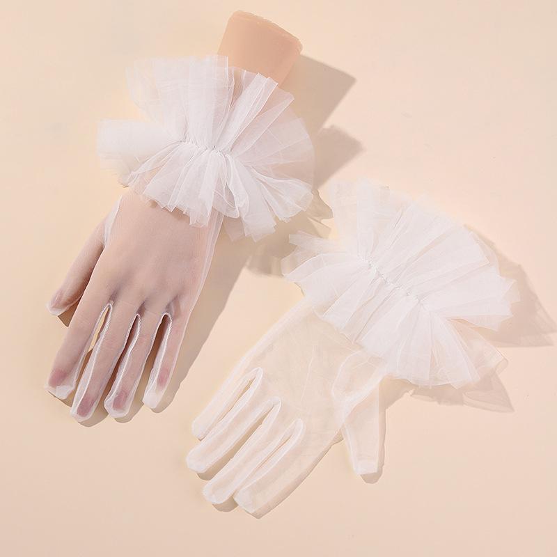 Sexy Black Ruffle Bridal Gloves Puffy Wrist Tulle Transparent Mitten Wedding Costume Accessories Short Tea Party Gloves