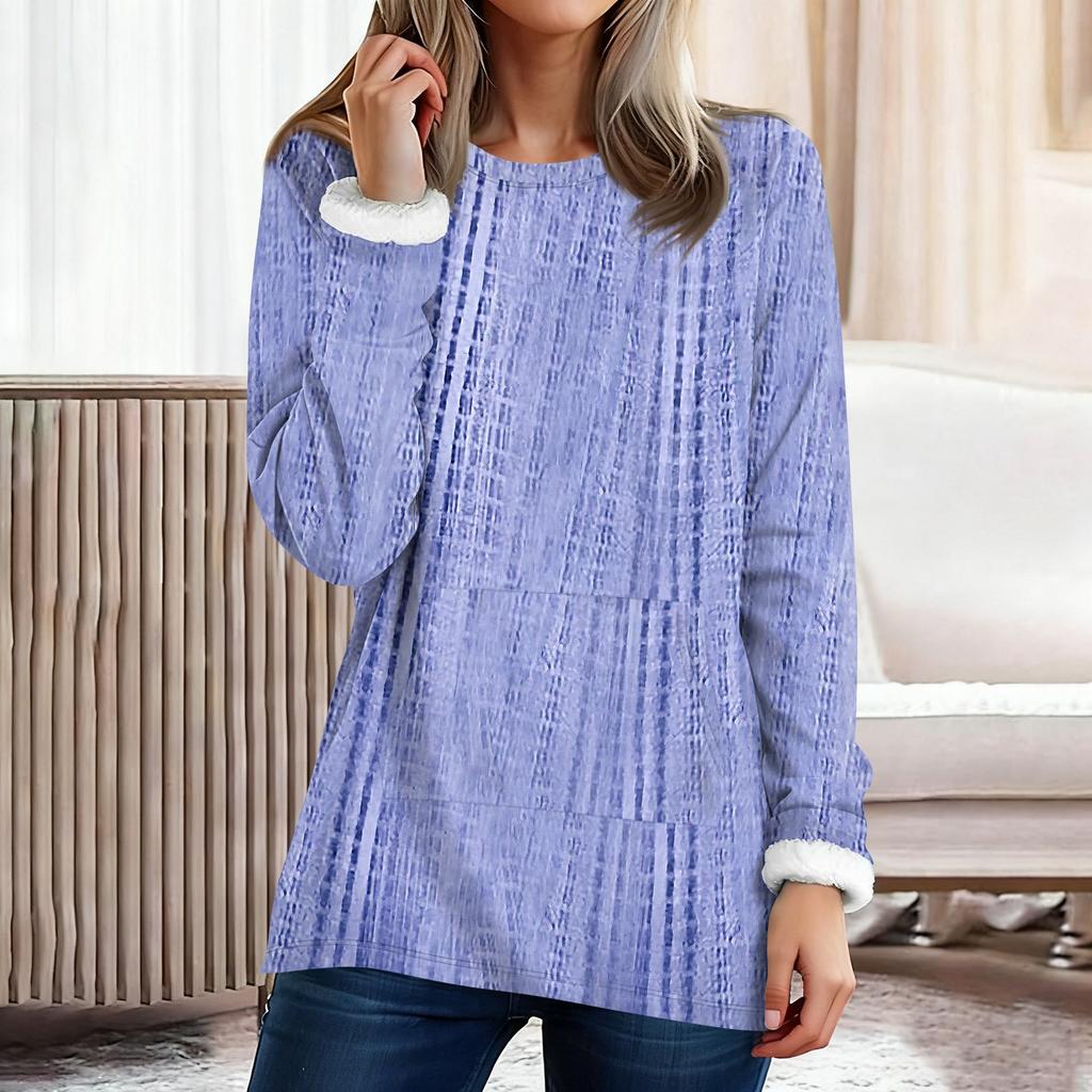 Women's Fashionable Printed Round Neck Long Sleeved Plush Warm Pullover Top