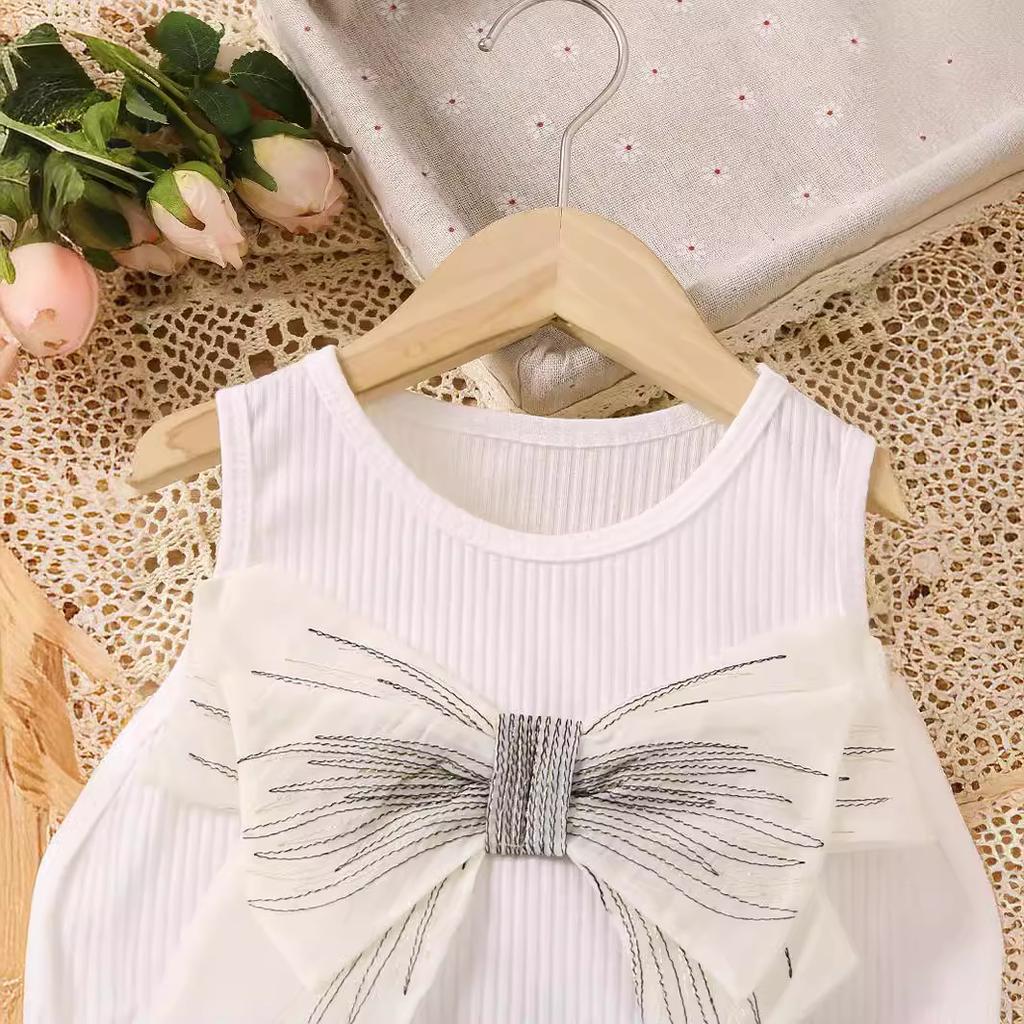 Summer Girls' Fashion Set, Children's Casual Sleeveless Round-neck Bow Top, Solid-color Culottes and Trousers Two-piece Set