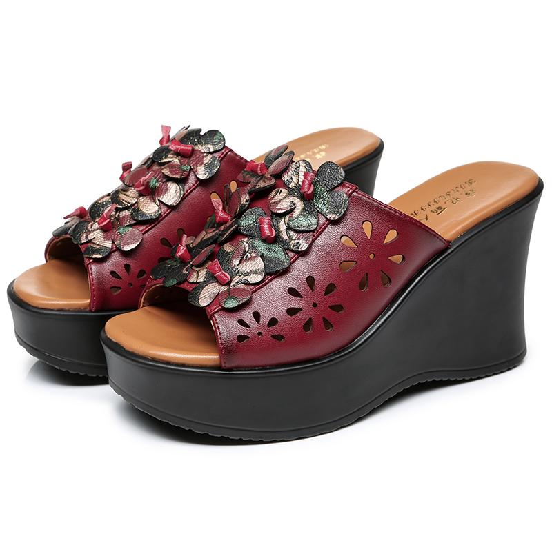 Fashion GKTINOO Summer Woman Shoes Platform Slippers Wedge Genuine Leather Women High Heel Slippers For Women Retro Sandals Female Shoes
