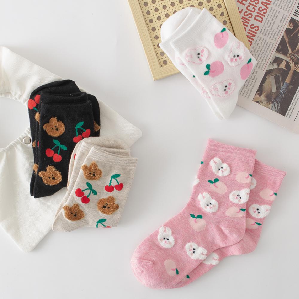 New Chic Girls' Cute Cartoon 3D Hairy Feather Yarn Rabbit Bear Peach Cherry Soft Cotton Casual Socks Preppy Style Dropship