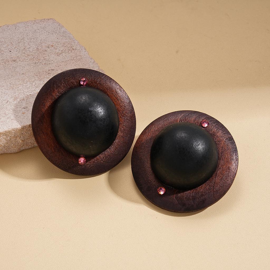 European and American Retro Wood Round Silver Needle Simple Personality Niche Earrings Simple Earrings