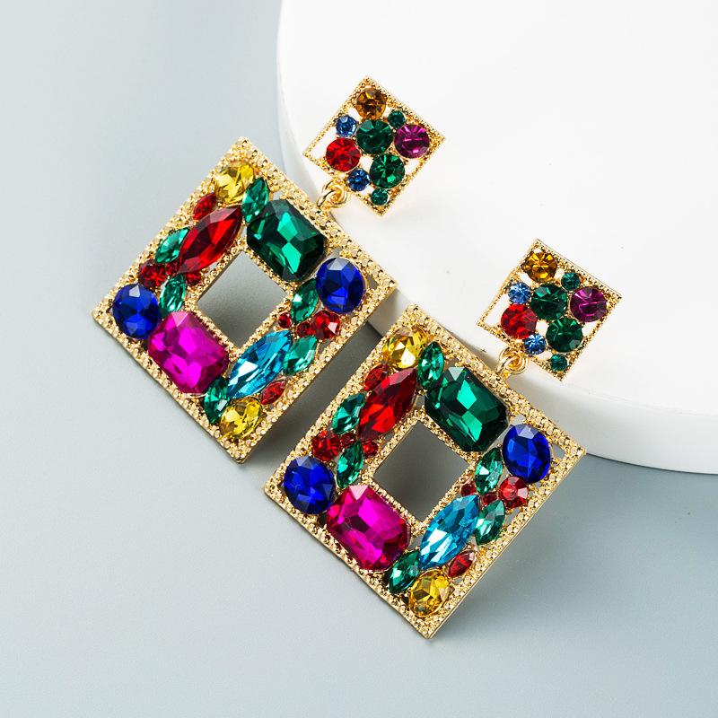 Boucles d'oreilles pendantes pour femmes, en alliage de verre, style baroque, cristal coloré, géométrique, boucles d'oreilles de fête exagérées pour femmes